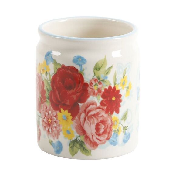 Pioneer Woman Sweet Rose Mini Crock Utensils Set 8-Pc Ceramic Silicone Wood NEW - Picture 5 of 5